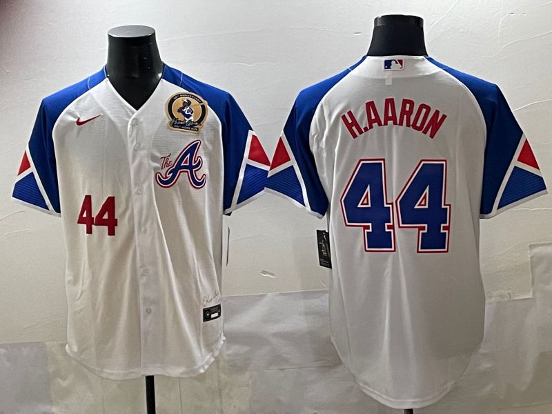 Men 2025 Atlanta Braves #44 H.Aaron White blue City Edition Nike MLB Jersey style 5